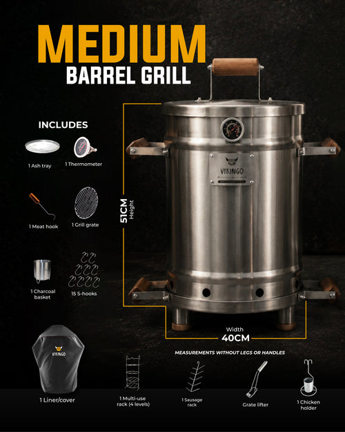 12,7 Kg Medium Vertical Charcoal BBQ Barrel Combo  | The Ultimate Vikingo Edition